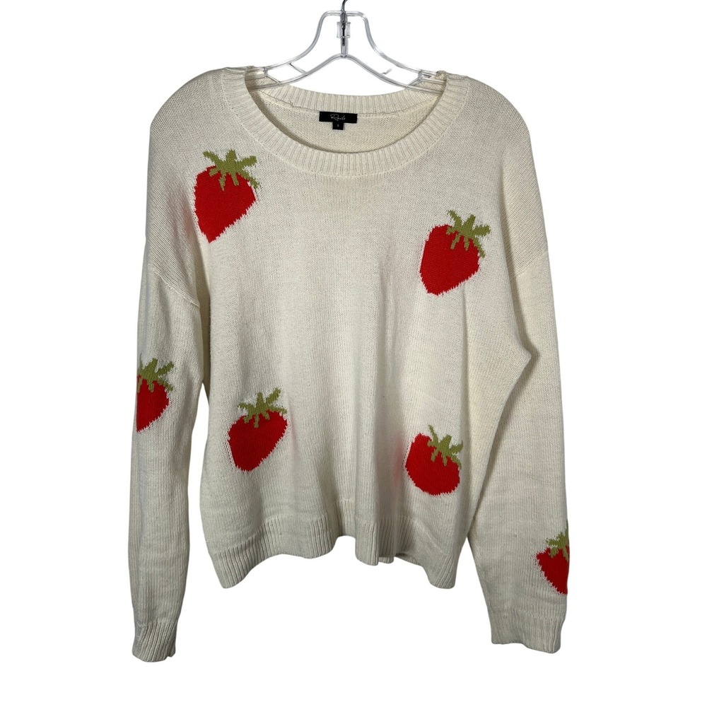 Rails Strawberry Knit Sweater Cream Long Sleeve Crew Neck Cottagecore Small